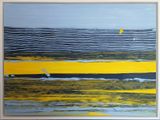 yellow and blue abstract painting of a sailboat in the ocean