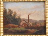 painting of a farm scene with a mill in the background
