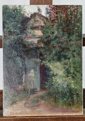 une peinture à l'huile représentant une maison dans les bois, posée sur un chevalet en bois