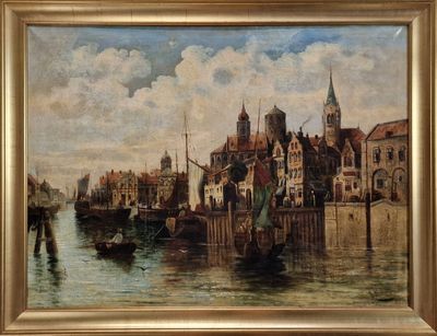 une peinture sur le mur d'un immeuble représentant un bateau dans l'eau
