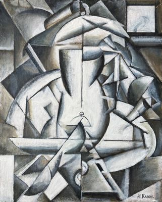 an image of a painting of a vase and a knife on a table