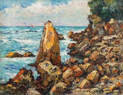 tableau représentant une plage rocheuse avec un voilier au loin