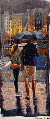 painting of people walking in the rain with umbrellas in the city