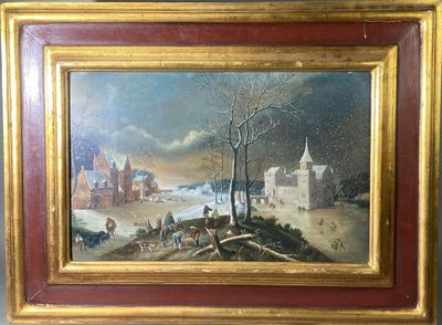 tableau représentant un paysage hivernal avec un village en arrière-plan