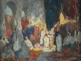 une peinture à l'huile représentant un groupe de personnes sur un marché