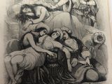 an old book with a drawing of a group of women and men