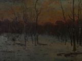 an image of a painting of a snowy landscape with trees in the foreground