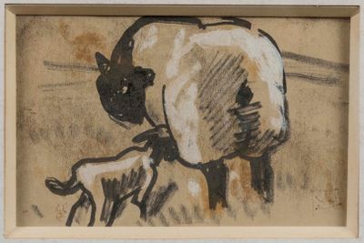 painting of a horse and a baby horse in a field