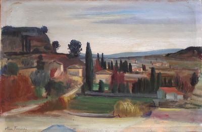 une peinture à l'huile représentant un paysage de village avec une colline au loin