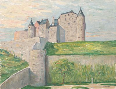 a painting of a castle on a hill with a sky background