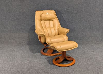 leather reclining chair with footstop and foot rest on wooden base