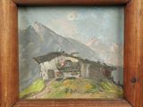 an oil painting of a house on a hill with a mountain in the background