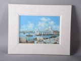 an oil painting of a view of a harbor with boats and buildings