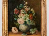 a painting of flowers in a vase on a table