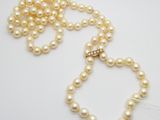 gros plan d'un collier de perles sur une surface blanche