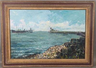 painting of a view of a harbor with a ship in the distance