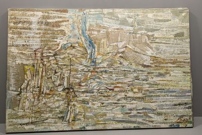 peinture abstraite représentant un paysage urbain avec des bâtiments et une rivière