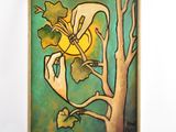 tableau représentant un oiseau perché sur une branche d'arbre, avec le soleil en arrière-plan