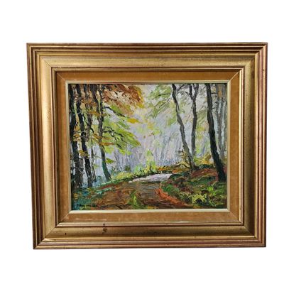 an oil painting of a forest scene with a stream in the foreground