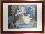a picture of a painting of flowers in a vase on a table