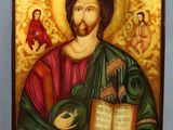 un tableau représentant Jésus tenant un livre et un oiseau