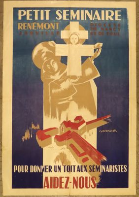 une vieille affiche représentant un homme tenant une croix et une femme tenant un pistolet