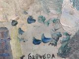 an oil painting of a vase of flowers with a name written on it