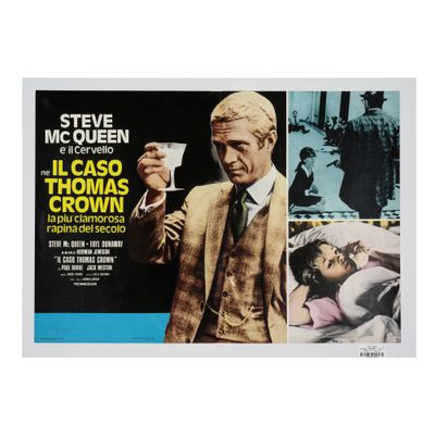 une vieille affiche de cinéma représentant un homme en costume tenant un verre