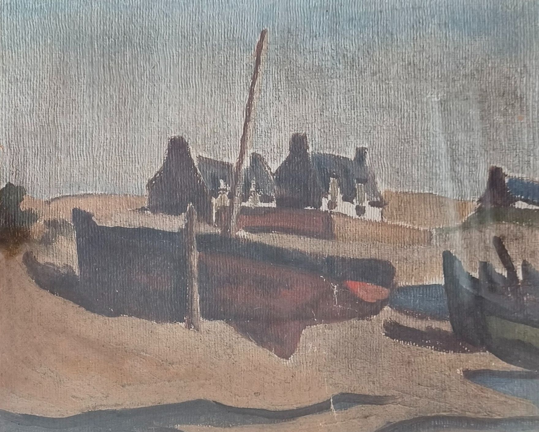 Ecole bretonne du XXéme siècle. Les barques sur la plage. Huile sur toile non signée encadrée sous verre. Haut. : 22 ...