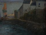 a painting of a boat on the water in a harbor