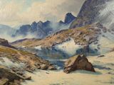 a painting of a mountain scene with a lake