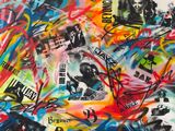 peinture représentant un tas d'autocollants sur un mur recouvert de graffitis