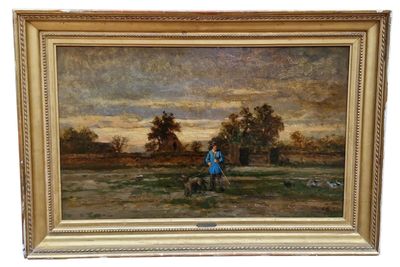 une image représentant un tableau où l'on voit un homme avec un chien dans un champ