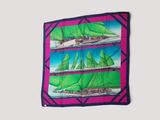 green sailboats on pink silk scarf with purple border