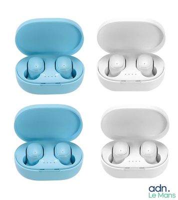 a pair of blue and white earphones in a case