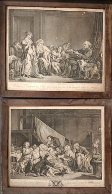 two framed pictures of a painting of a group of people in a room