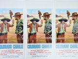 three movie posters of a man and a woman with guns