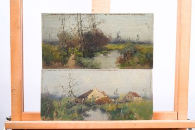 a picture of a painting on a easel with a picture of a river