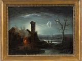 une peinture à l'huile d'un paysage avec un château au loin