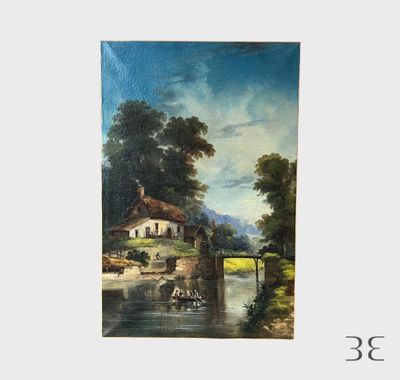 l'image d'une peinture représentant une rivière avec une maison à l'arrière-plan