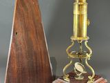 paire de microscopes anciens en laiton et en bois, montés sur des socles en bois