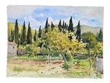 watercolor painting of a yellow tree in a field with a blue sky in the background