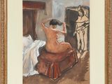 tableau représentant une femme nue assise sur un lit, avec un cheval en arrière-plan