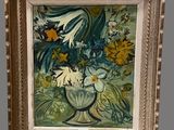 une peinture de fleurs dans un vase sur une table