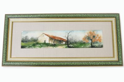 tableau représentant une maison dans un champ, avec des arbres en arrière-plan