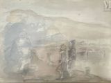 tableau représentant un homme, une femme et un enfant dans un paysage