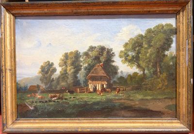 une peinture à l'huile représentant une scène de vie à la ferme avec des vaches dans un pâturage