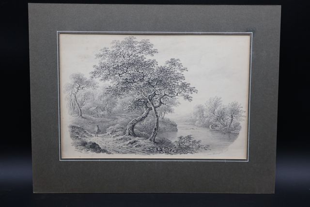 J. GIBBS « Promenade au bord de l’eau ». Crayon. Signé en bas à g...