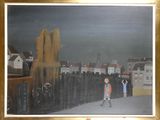 painting of two people walking down a sidewalk in front of a city