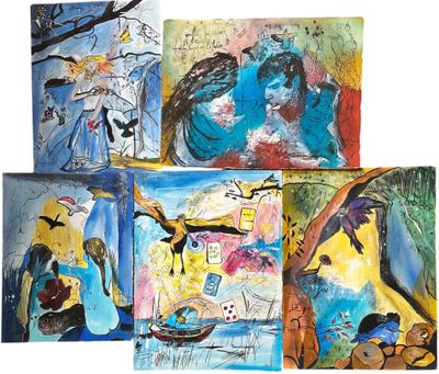 quatre tableaux représentant des oiseaux de différentes couleurs et tailles sur fond blanc